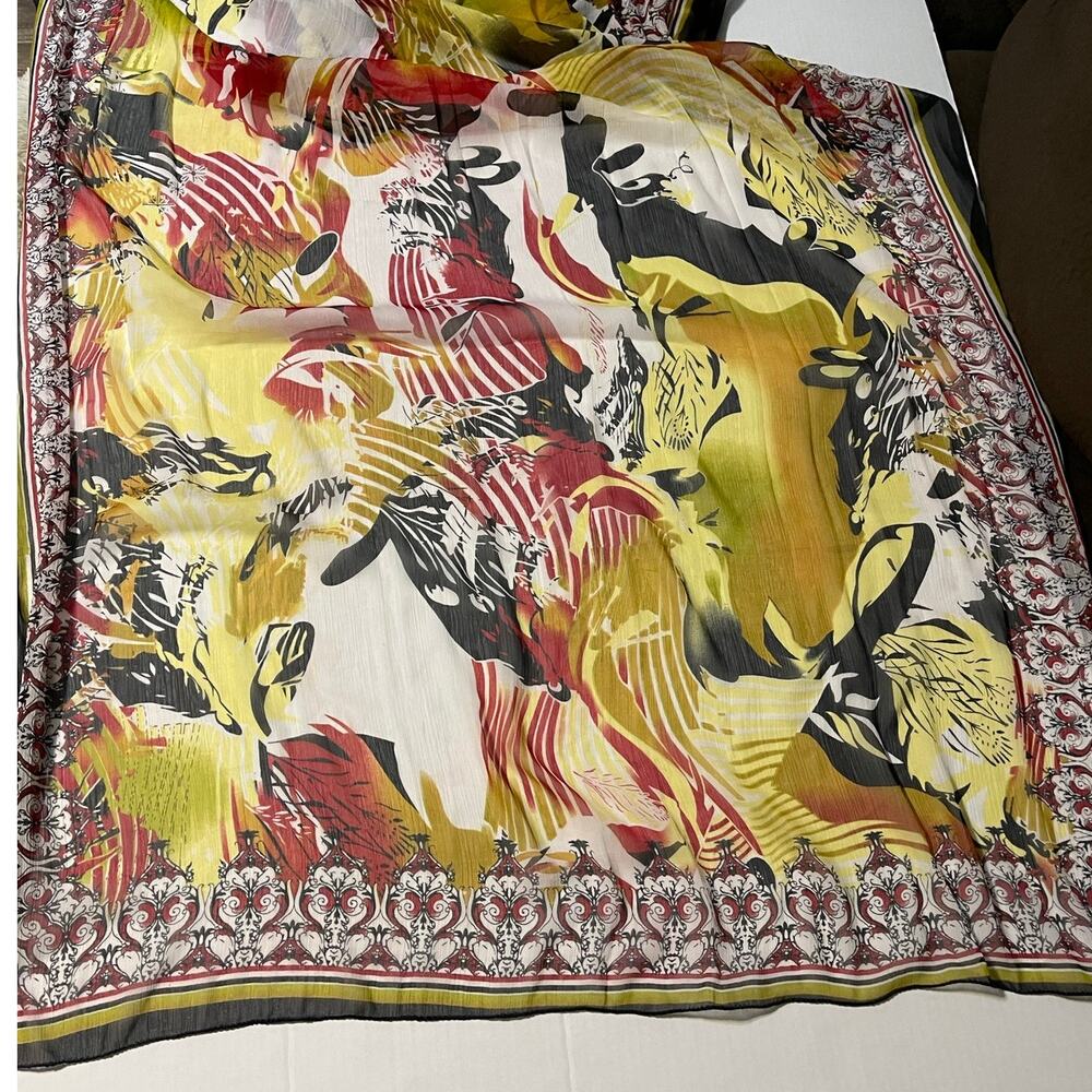 Women's Scarf 94 X 41 Black Orange Yellow‎ Asian Inspired Print Rolled Hem